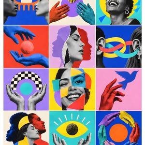 May include: A collage of twelve square panels featuring diverse artistic illustrations. The artwork includes human profiles, colorful hands, abstract shapes, a smiling face, a bird silhouette, and an eye, all rendered in a vibrant, multi-colored palette.