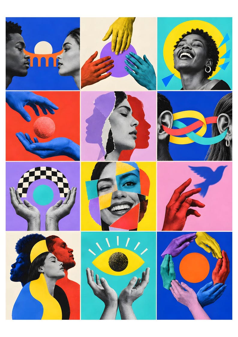 May include: A collage of twelve square panels featuring diverse artistic illustrations. The artwork includes human profiles, colorful hands, abstract shapes, a smiling face, a bird silhouette, and an eye, all rendered in a vibrant, multi-colored palette.