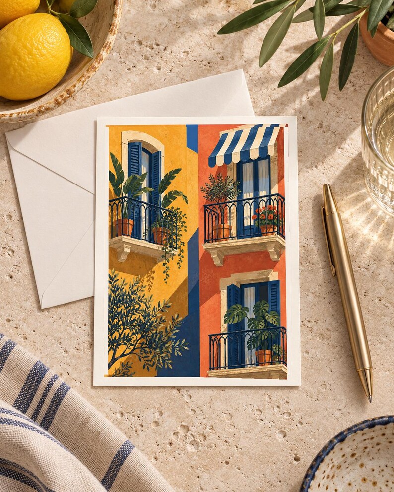 May include: A rectangular art print featuring a vibrant illustration of Mediterranean-style building facades with yellow and orange walls, blue shutters, black iron balconies, potted plants, and a blue and white striped awning over one window.