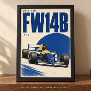May include: A framed poster featuring a blue and yellow Williams FW14B Formula One race car from 1992. The design includes the text WILLIAMS FW14B 1992 in bold blue letters above the car, which is set against a cream background with a large blue circle.