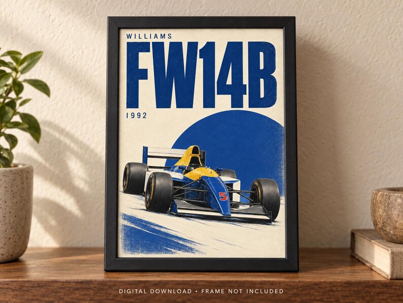 May include: A framed poster featuring a blue and yellow Williams FW14B Formula One race car from 1992. The design includes the text WILLIAMS FW14B 1992 in bold blue letters above the car, which is set against a cream background with a large blue circle.