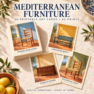 May include: A set of 20 printable art cards and A2 prints titled Mediterranean Furniture, featuring illustrations of a Spanish rush chair, an Andalusian bench, a Catalan coffer, and a Mallorcan chair. The cards are displayed on a textured surface.