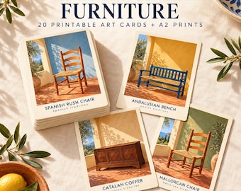 Mediterranean Furniture Art Cards, 20 Printable Designs, A2 Wall Art Bundle, Digital Download