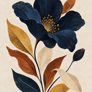 May include: A botanical illustration featuring a large, dark navy blue flower with a textured appearance and a yellow stamen centre. The stem is surrounded by multiple leaves in shades of mustard yellow, burnt orange, cream, and dark navy blue.