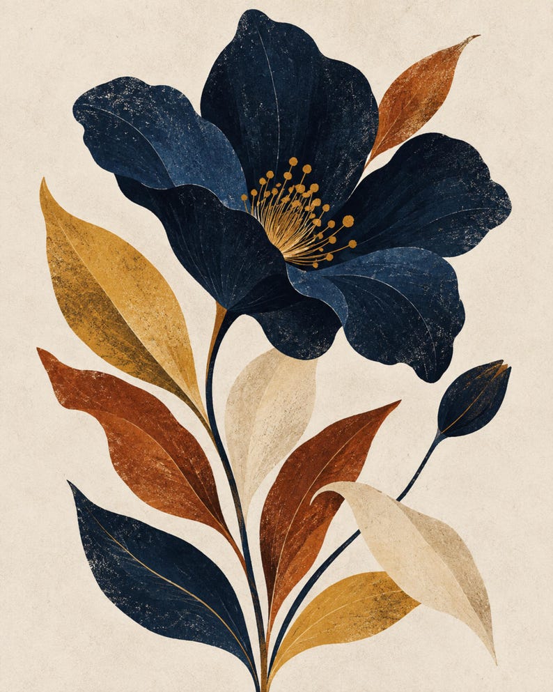 May include: A botanical illustration featuring a large, dark navy blue flower with a textured appearance and a yellow stamen centre. The stem is surrounded by multiple leaves in shades of mustard yellow, burnt orange, cream, and dark navy blue.