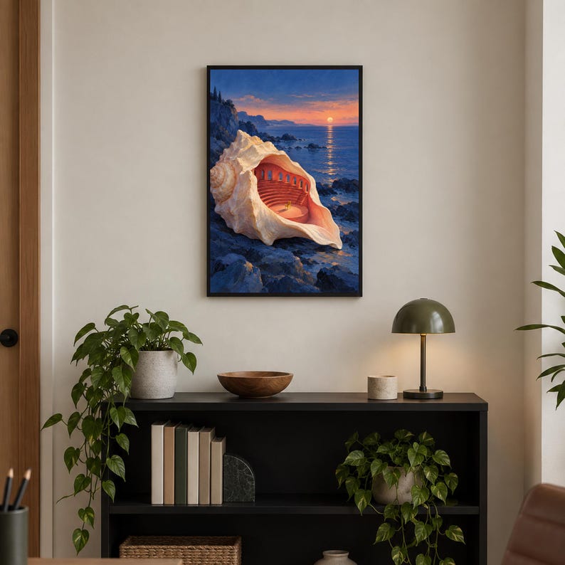 May include: A framed wall art print featuring a large, textured seashell resting on dark rocks by the ocean at sunset. Inside the shell, a miniature amphitheater with arched columns and a central stage is visible against a deep blue sky.