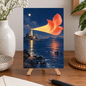May include: A rectangular art print on a wooden easel depicting a lighthouse on a rocky island at night. The lighthouse emits a bright orange beam of light shaped like a large flower petal across the dark blue ocean under a full moon.