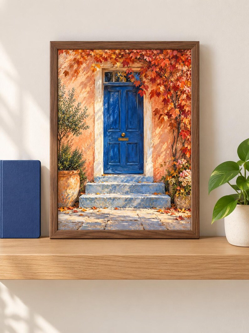 May include: A framed wall art print depicting a vibrant blue door set into a peach-coloured wall. The scene features stone steps, a potted olive tree, and climbing autumn foliage with red and orange leaves. The artwork is encased in a dark wood frame.