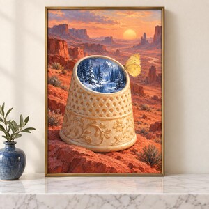 May include: A framed wall art print featuring a beige thimble sitting on a red desert landscape at sunset. The interior of the thimble displays a snowy mountain forest scene with a river, and a yellow butterfly rests on the thimble's rim.