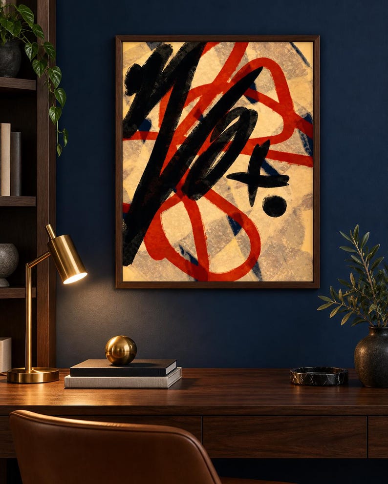 May include: A framed abstract wall art print featuring bold, thick black brushstrokes layered over vibrant red looping lines. The background consists of a textured, light beige surface with subtle blue accents, all enclosed within a dark brown frame.