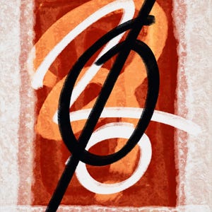 May include: An abstract digital painting featuring a central black oval shape crossed by a diagonal line, layered over swirling white brushstrokes and a deep red rectangular background, all framed by a textured, light-colored border.