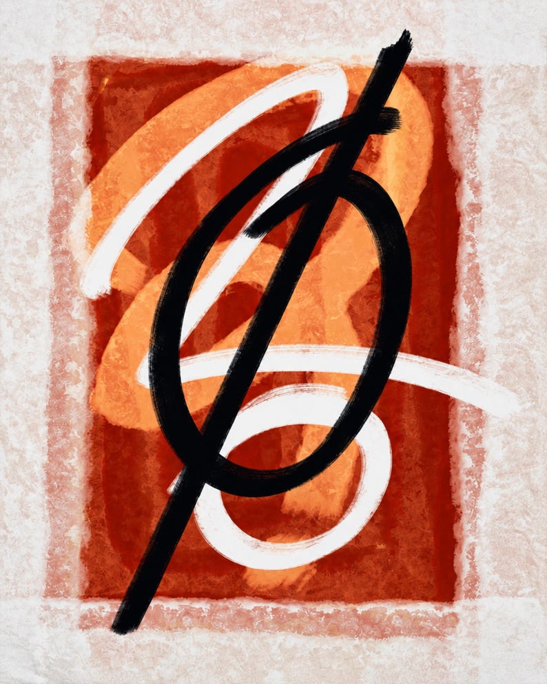 May include: An abstract digital painting featuring a central black oval shape crossed by a diagonal line, layered over swirling white brushstrokes and a deep red rectangular background, all framed by a textured, light-colored border.