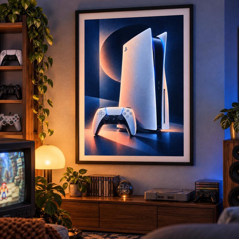 May include: A framed wall art print featuring a white PlayStation 5 console and a matching wireless controller set against a dark blue background with a large circular graphic element. The artwork is displayed in a room with warm lighting.