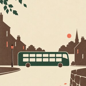 May include: A graphic art print titled EVENING BUS RHYTHM featuring a dark green double-decker bus traveling through a town at sunset. The scene includes brown silhouettes of buildings, a street lamp, a church spire, and a small red sun in the sky.