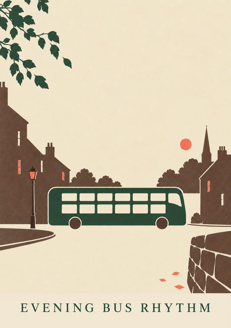 May include: A graphic art print titled EVENING BUS RHYTHM featuring a dark green double-decker bus traveling through a town at sunset. The scene includes brown silhouettes of buildings, a street lamp, a church spire, and a small red sun in the sky.