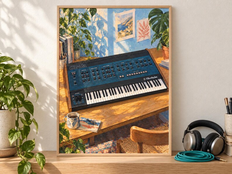 Pu&ograve; includere: Una stampa artistica incorniciata che raffigura un sintetizzatore Oberheim OB-Xa su una scrivania in legno. La scena include una tazza, libri e una pianta da interno alla luce del sole. Il sintetizzatore ha un pannello blu con manopole nere.