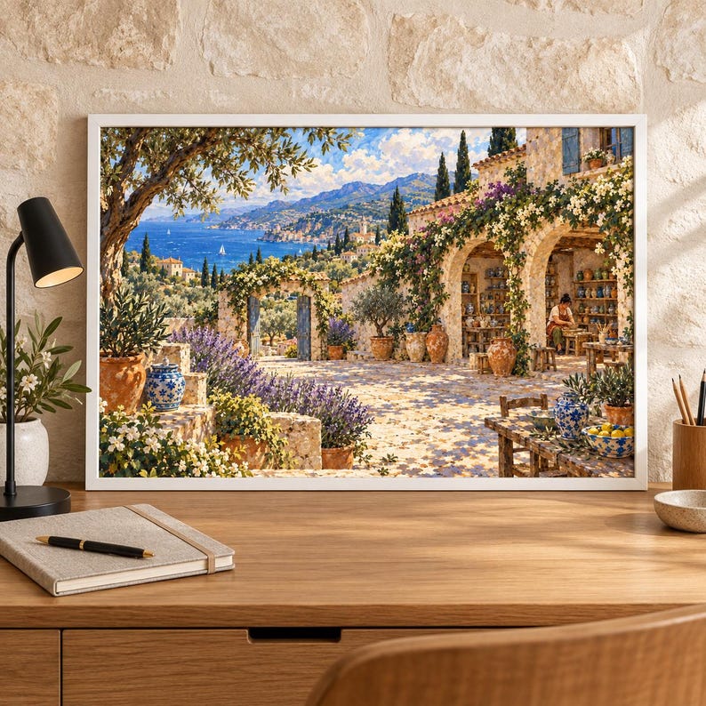 May include: A framed landscape painting depicting a Mediterranean stone villa with arched doorways, blooming white flowers, and lavender bushes. The scene includes a coastal view with blue water, mountains, and a person working at a pottery wheel.