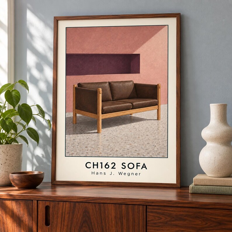 Op de afbeelding: Een ingelijste kunstdruk met een bruine leren bank met een lichthouten frame. De bank staat tegen een roze muur met een donkere rechthoekige nis. De tekst CH162 SOFA Hans J. Wegner is in het zwart gedrukt onderaan de witte rand van de print.