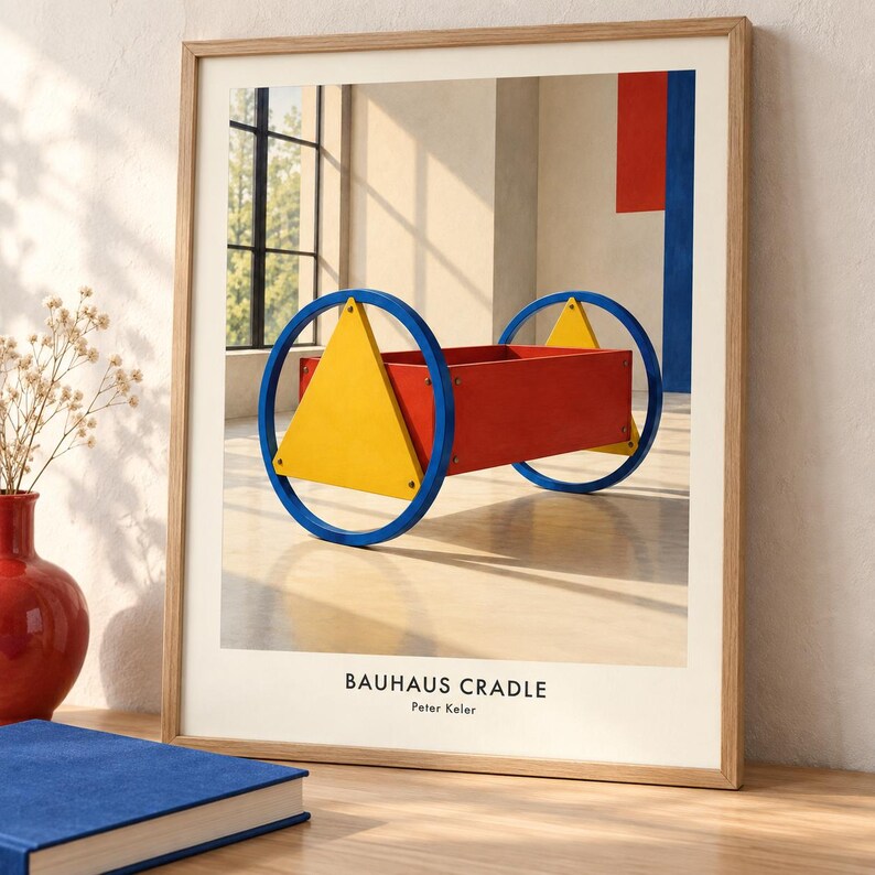 K&ouml;nnte beinhalten: Ein gerahmter Kunstdruck, der die Bauhaus-Wiege von Peter Keler zeigt. Das Bild zeigt einen roten, rechteckigen Wiegenk&ouml;rper, der von zwei gro&szlig;en, blauen, kreisf&ouml;rmigen R&auml;dern mit gelben, dreieckigen Seitenteilen getragen wird. Text: BAUHAUS CRADLE Peter Keler.