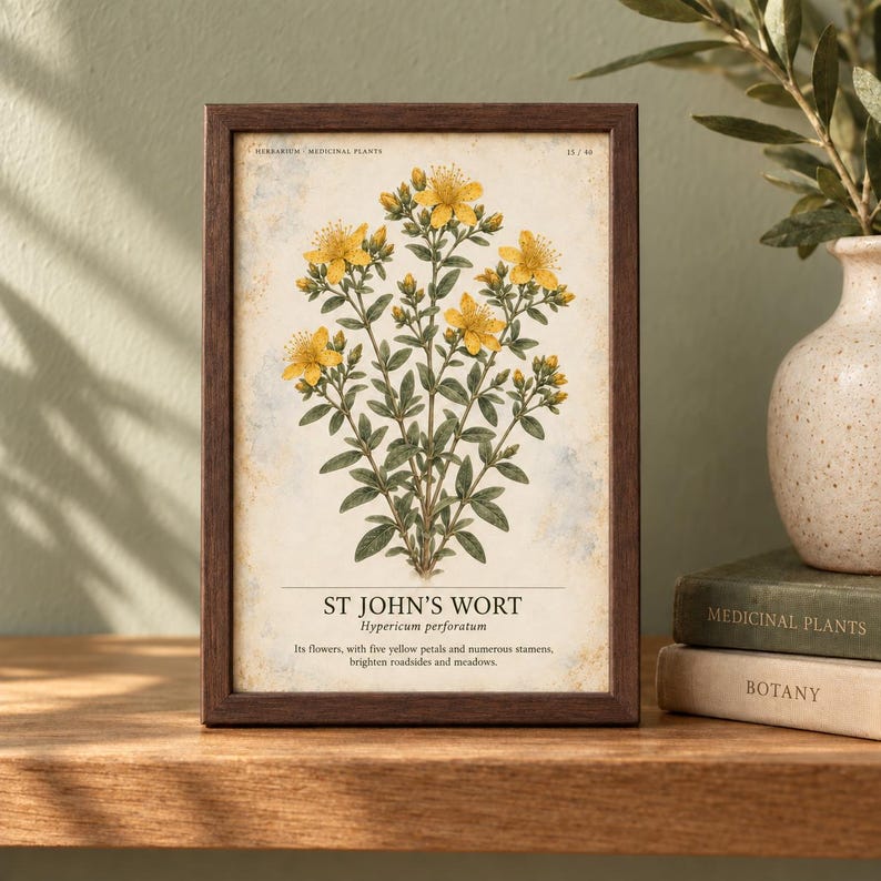May include: A framed botanical print of St. John's Wort, Hypericum perforatum, featuring yellow flowers and green leaves on a cream background. The text reads: ST JOHN'S WORT, Hypericum perforatum, Its flowers, with free yellow petals.