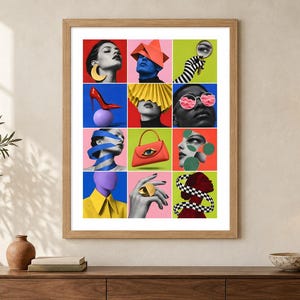 May include: A framed collage print featuring a grid of twelve colorful squares. Each square displays surreal imagery including a red high heel, a yellow handbag with an eye, a hand with a gold ring, and various portraits with vibrant geometric overlays.