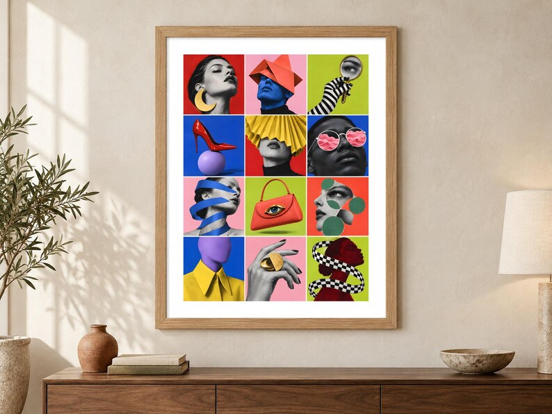 May include: A framed collage print featuring a grid of twelve colorful squares. Each square displays surreal imagery including a red high heel, a yellow handbag with an eye, a hand with a gold ring, and various portraits with vibrant geometric overlays.
