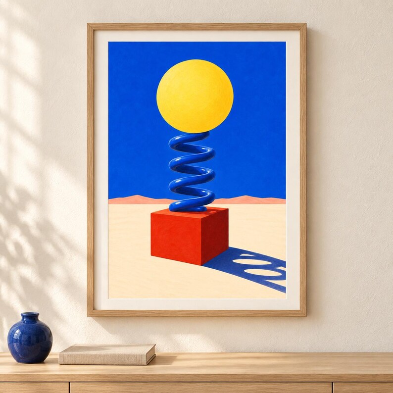 Puede incluir: Una l&aacute;mina art&iacute;stica enmarcada que muestra una esfera amarilla brillante en equilibrio sobre un resorte azul en espiral, situado sobre un cubo rojo. La escena se desarrolla bajo un cielo azul intenso y un paisaje des&eacute;rtico beige claro.
