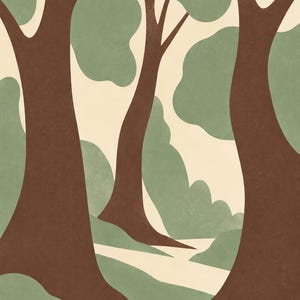 May include: A wall art print featuring a stylized forest scene with dark brown tree trunks and muted sage green foliage against a cream background. The text FOREST AFTER RAIN is printed in dark brown capital letters at the bottom of the image.