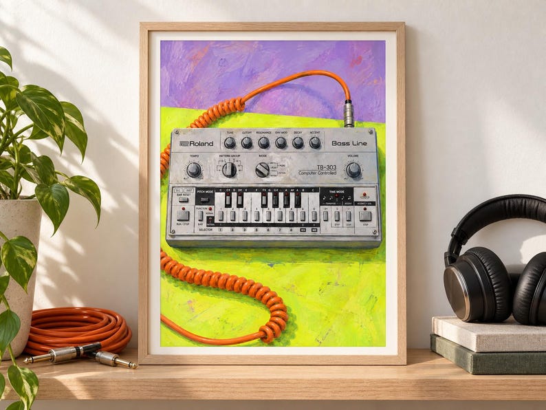 May include: A framed print featuring a silver Roland TB-303 Bass Line synthesizer with a bright orange coiled cable. The device is set against a vibrant background of purple and lime green brushstrokes, highlighting the knobs and buttons.