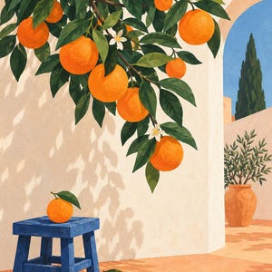 May include: An illustration of an orange tree branch with bright orange fruit and white blossoms hanging over a small blue wooden stool. A single orange sits on the stool. In the background, a terracotta pot with a plant sits near an archway.