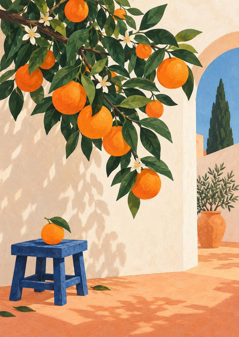 May include: An illustration of an orange tree branch with bright orange fruit and white blossoms hanging over a small blue wooden stool. A single orange sits on the stool. In the background, a terracotta pot with a plant sits near an archway.