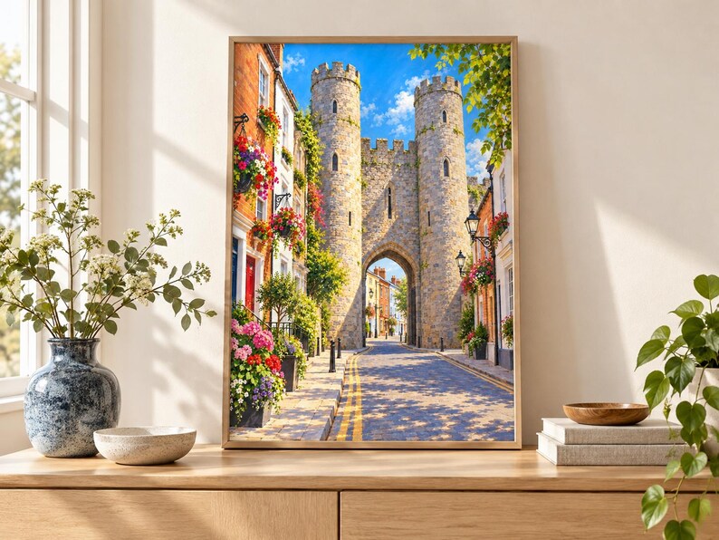 Op de afbeelding: Een ingelijste verticale wandkunstprint met een middeleeuws stenen poortgebouw met twee torens over een smalle straat. De sc&egrave;ne bevat kleurrijke bloembakken aan bakstenen gebouwen, een blauwe lucht en een geplaveide weg in het zonlicht.