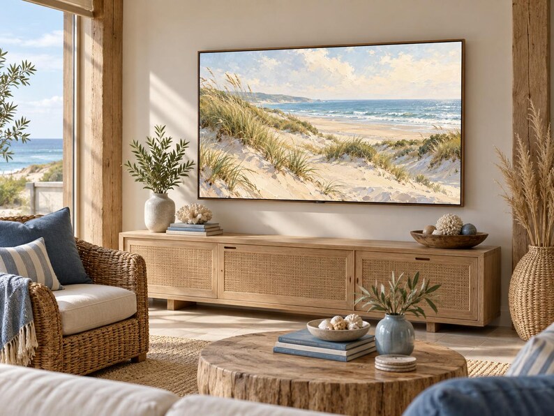 May include: A rectangular television mounted on a wall displaying a coastal landscape with sand dunes and ocean waves. Below the television is a long wooden media console with three woven cane cabinet doors and a light natural wood finish.