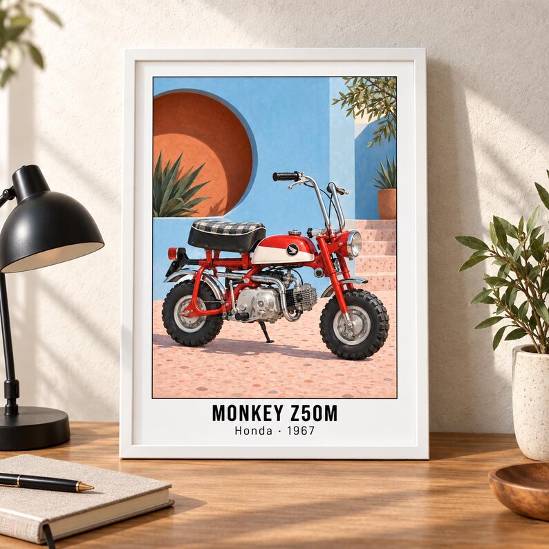 Honda Monkey Z50M motorcykelkonsttryck, retroaffisch, två digitala A2-versioner bild 3