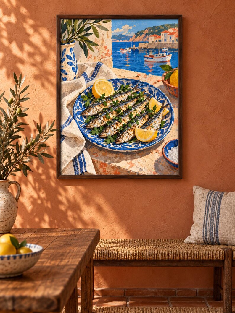 May include: A framed wall art print depicting a Mediterranean coastal scene with a blue and white patterned plate holding grilled fish garnished with parsley and lemon wedges, set against a backdrop of a harbour with boats and white buildings.