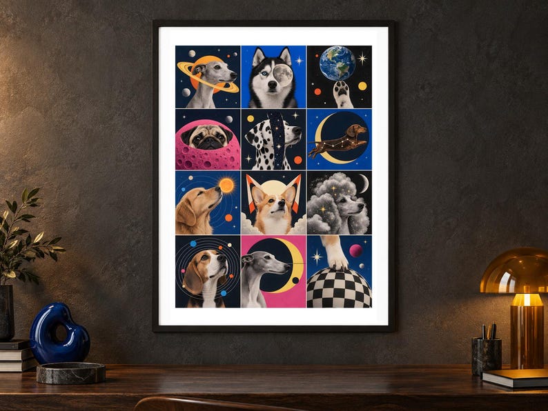 Puede incluir: Una l&aacute;mina de arte mural enmarcada que presenta una cuadr&iacute;cula de doce ilustraciones cuadradas de varias razas de perros integradas con temas celestiales, incluyendo planetas, lunas, estrellas y patrones c&oacute;smicos en colores vibrantes sobre fondos oscuros.