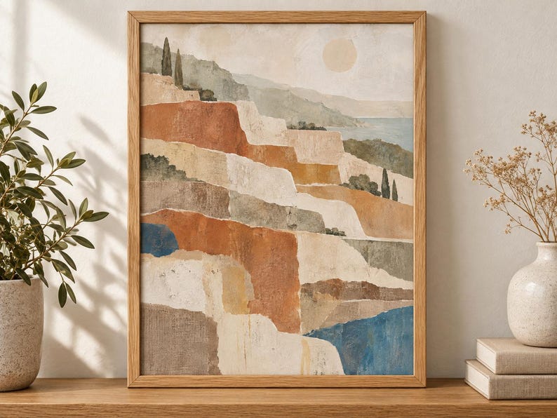 Op de afbeelding: Een ingelijste kunstdruk met een gelaagd landschap van abstracte terrasvormige kliffen in tinten terracotta, beige en saliegroen, tegen een bleke lucht met een cirkelvormige zon en een blauw wateroppervlak in de verte.