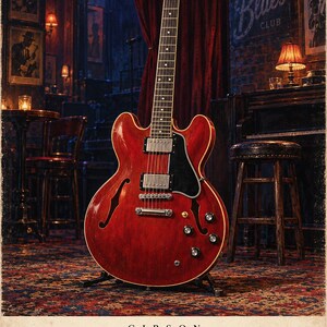 May include: A cherry red Gibson ES-335 semi-hollow body electric guitar with a black pickguard, two humbucking pickups, and chrome hardware. The headstock features the Gibson logo. Below the guitar, the text reads GIBSON ES-335 1958.