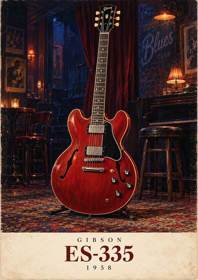 May include: A cherry red Gibson ES-335 semi-hollow body electric guitar with a black pickguard, two humbucking pickups, and chrome hardware. The headstock features the Gibson logo. Below the guitar, the text reads GIBSON ES-335 1958.