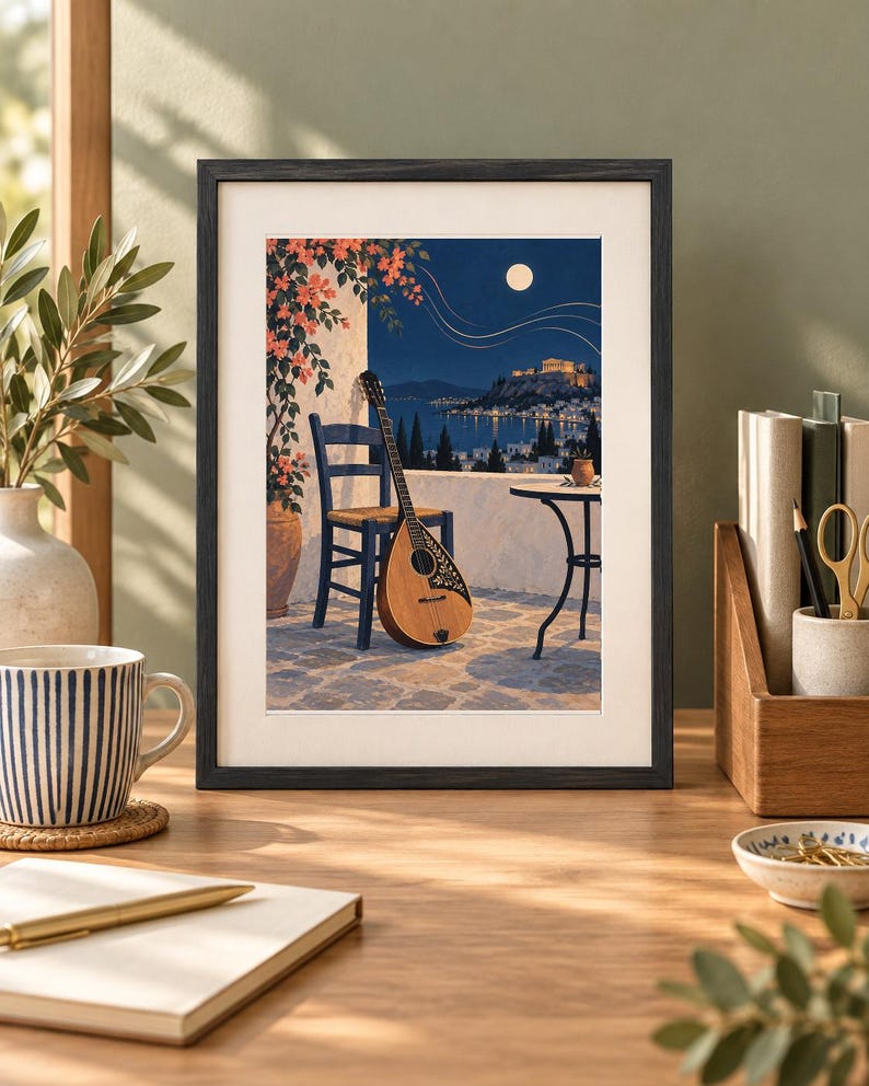 Pu&ograve; includere: Una stampa d'arte incorniciata che raffigura una scena mediterranea notturna con un bouzouki appoggiato a una sedia di legno blu su una terrazza in pietra. Lo sfondo mostra un paesaggio costiero al chiaro di luna con un tempio in lontananza.