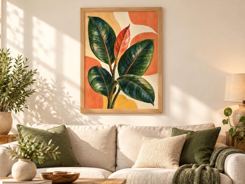May include: A framed wall art print featuring a rubber plant with large, glossy dark green leaves and a single vibrant red leaf at the center. The background consists of abstract, soft-edged shapes in shades of orange and yellow, all enclosed in a light-colored wooden frame.