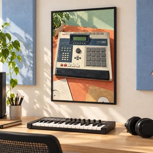 Pu&ograve; includere: Una stampa artistica da parete incorniciata raffigurante un campionatore per produzione musicale vintage Akai MPC60. Il dispositivo &egrave; grigio chiaro con un pannello di controllo blu scuro, display digitale, tastierino numerico e sedici pad.