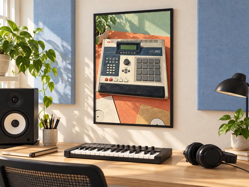 Pu&ograve; includere: Una stampa artistica da parete incorniciata raffigurante un campionatore per produzione musicale vintage Akai MPC60. Il dispositivo &egrave; grigio chiaro con un pannello di controllo blu scuro, display digitale, tastierino numerico e sedici pad.