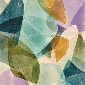 May include: An abstract print featuring overlapping organic shapes in shades of teal, olive green, mustard yellow, and soft lavender. The composition displays translucent layers with a textured, weathered finish, creating depth through intersecting geometric forms.