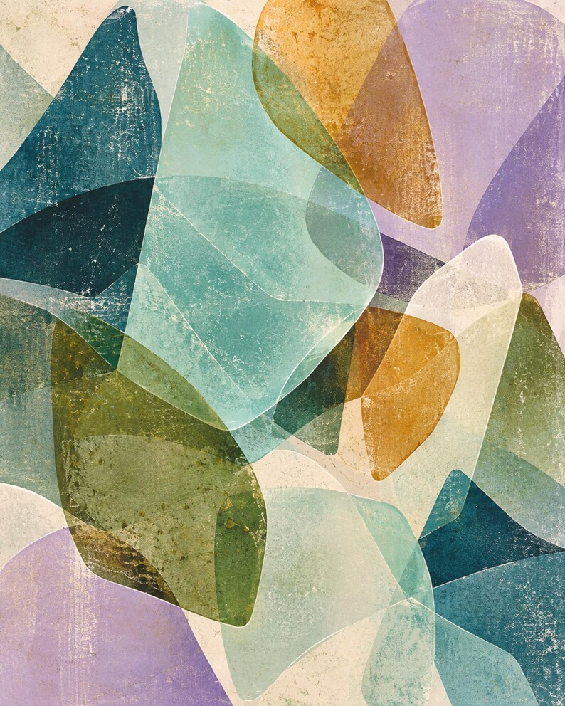 May include: An abstract print featuring overlapping organic shapes in shades of teal, olive green, mustard yellow, and soft lavender. The composition displays translucent layers with a textured, weathered finish, creating depth through intersecting geometric forms.