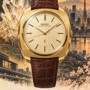 Op de afbeelding: Een goudkleurig Seiko Quartz Astron polshorloge met een champagnekleurige wijzerplaat, dunne gouden wijzers en een bruine lederen horlogeband met krokodillenprint. De wijzerplaat bevat de tekst Seiko Quartz Astron en een klein embleem op zes uur.