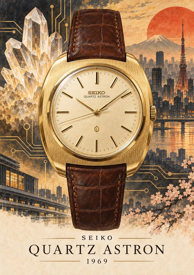 Op de afbeelding: Een goudkleurig Seiko Quartz Astron polshorloge met een champagnekleurige wijzerplaat, dunne gouden wijzers en een bruine lederen horlogeband met krokodillenprint. De wijzerplaat bevat de tekst Seiko Quartz Astron en een klein embleem op zes uur.