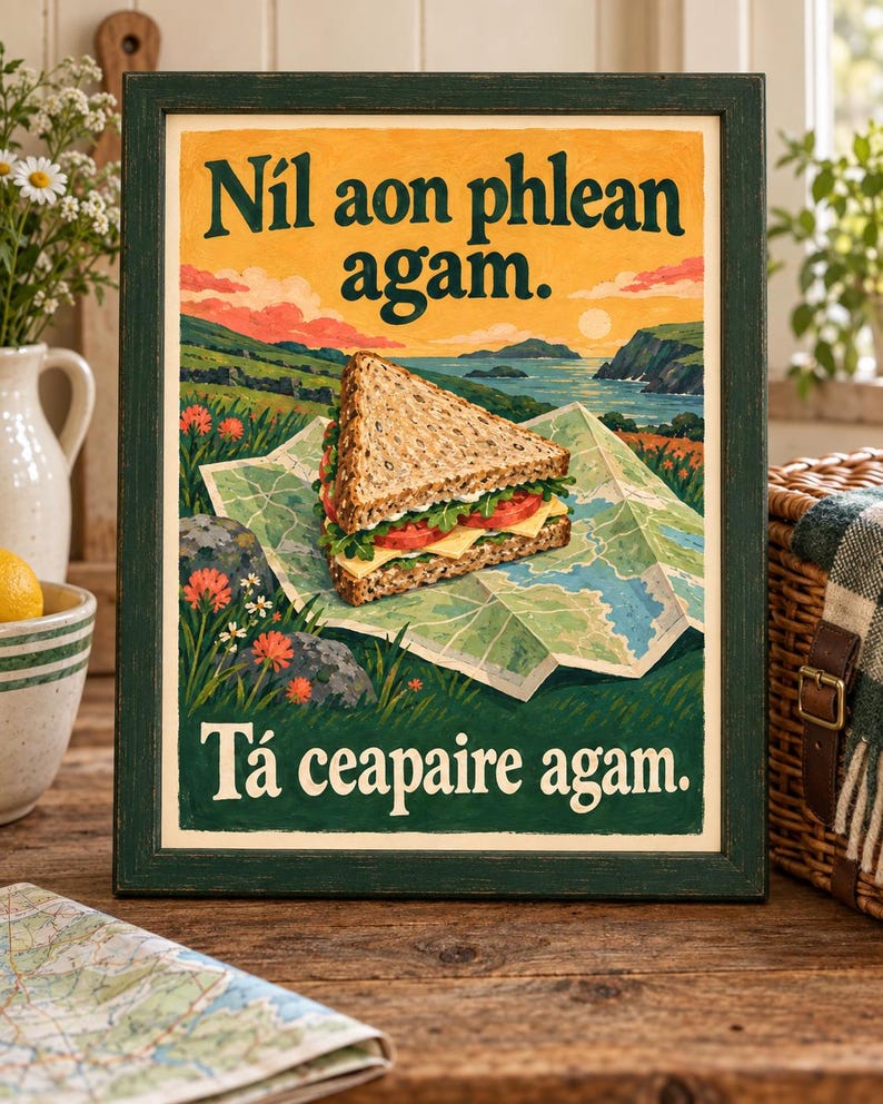Op de afbeelding: Een ingelijste rechthoekige print met een driehoekige sandwich op een kaart. Het kunstwerk toont een kustlandschap met oranje bloemen en de tekst N&iacute;l aon phlean agam en T&aacute; ceapaire agam in een donkergroen schreeflettertype.