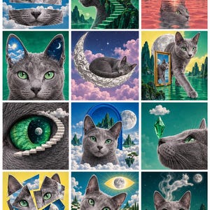 May include: A grid of twelve surreal digital illustrations featuring a grey cat with green eyes in various dreamlike settings, including a crescent moon, a teacup, floating stairs, and fragmented sky scenes, showcasing imaginative and artistic compositions.