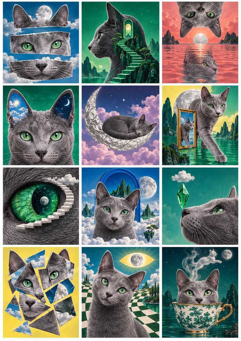 May include: A grid of twelve surreal digital illustrations featuring a grey cat with green eyes in various dreamlike settings, including a crescent moon, a teacup, floating stairs, and fragmented sky scenes, showcasing imaginative and artistic compositions.